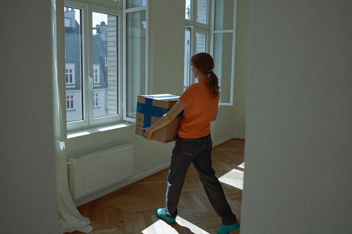 Junge Frau trägt einen Umzugskarton in eine leere Wohnung
